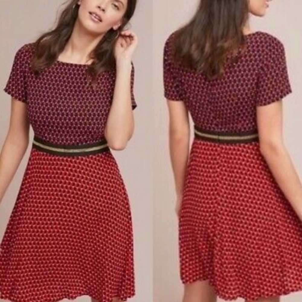 Anthropologie Maeve Red Black Gold Fit Flare Dress